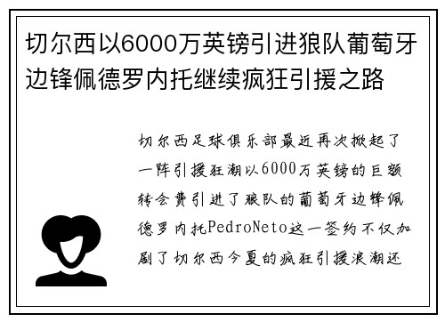 切尔西以6000万英镑引进狼队葡萄牙边锋佩德罗内托继续疯狂引援之路 切尔西以6000万英镑引进狼队葡萄牙边锋佩德罗内托继续疯狂引援之路