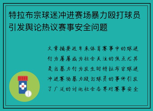特拉布宗球迷冲进赛场暴力殴打球员引发舆论热议赛事安全问题